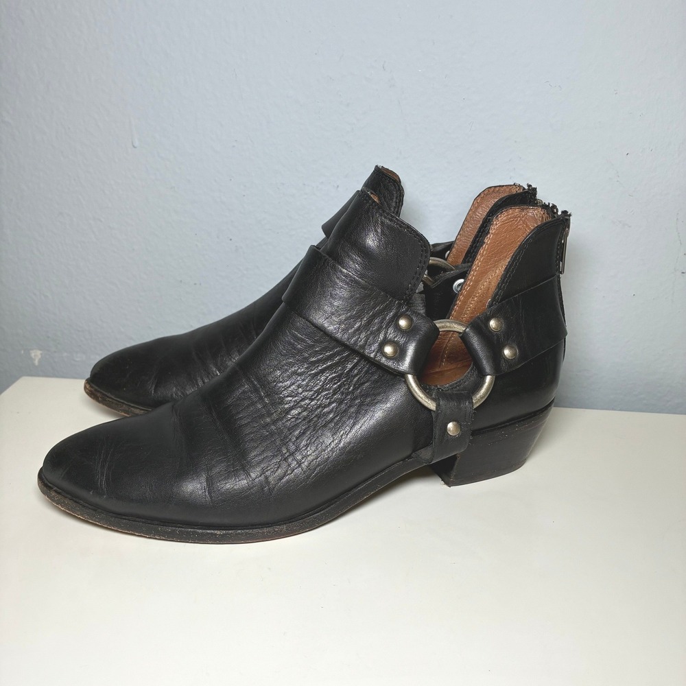 Frye Ray Harness Back Zip Boots Women 8 Black Leather Ankle Boot Western 3478314